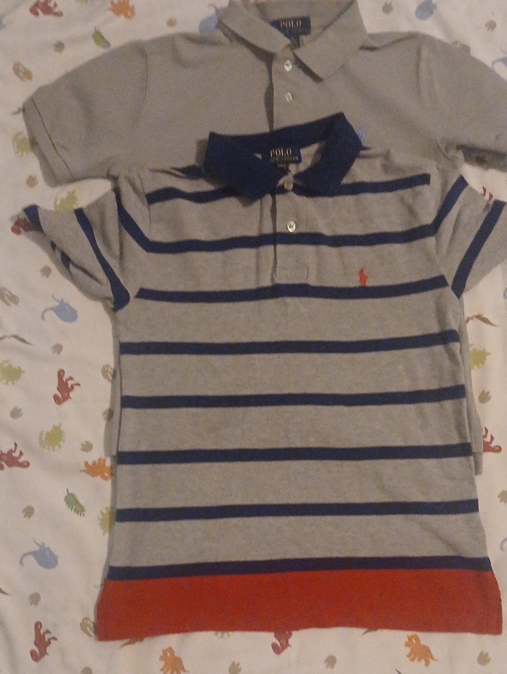 Polo by Ralph Lauren Gray & Navy Striped Polo with Red Hem